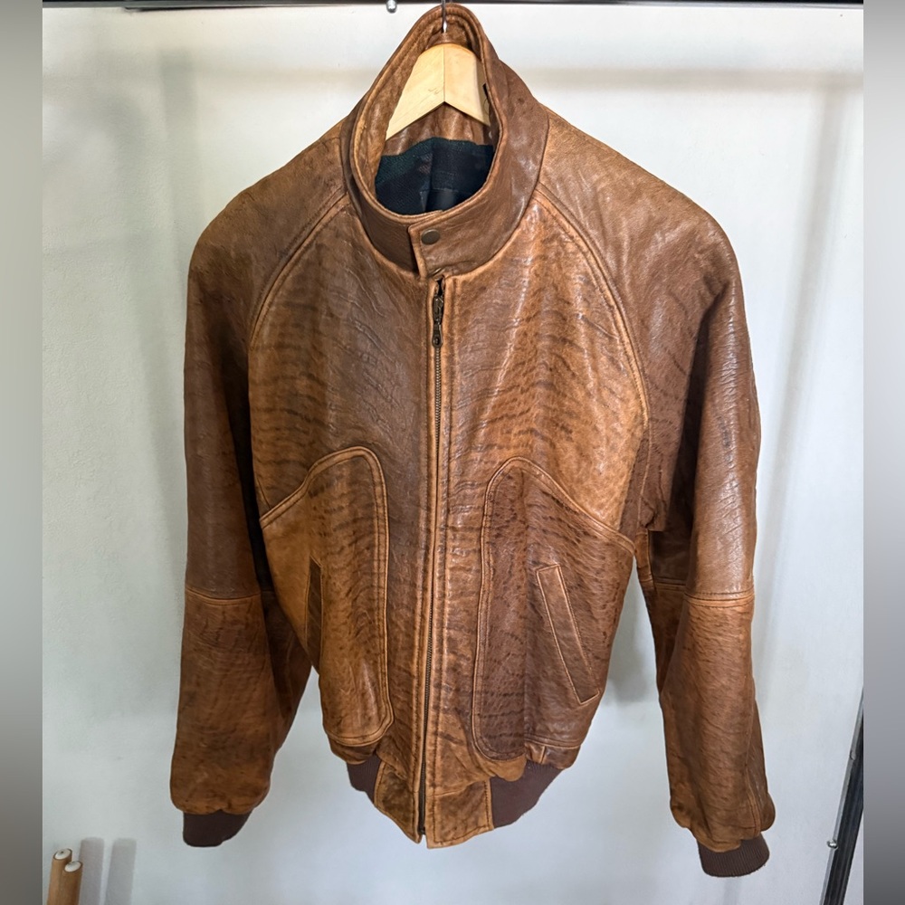 Context Tan Leather Bomber Jacket